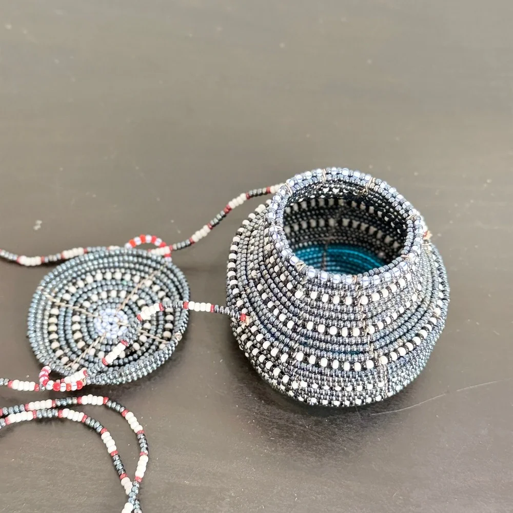 Handmade Beaded Miniature Basket Bag Coiled Wire Seed Bead Trinket Pot